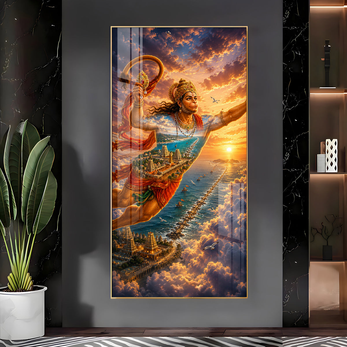Lord Hanuman Flying Over Ocean Ram Setu Premium Acrylic Vertical Wall Art