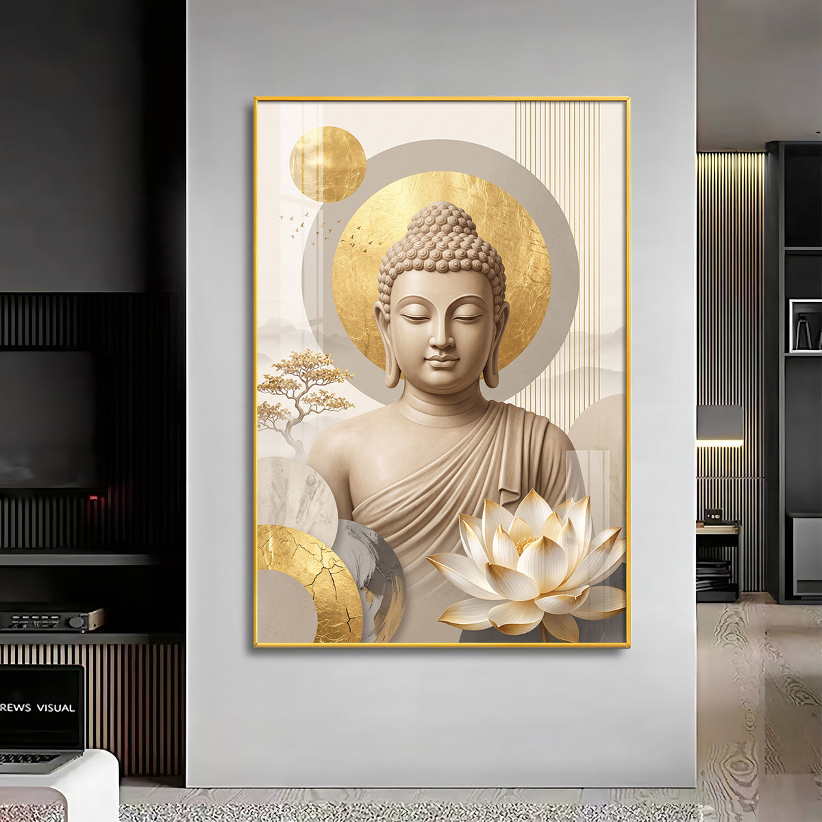 Tranquil Lord Buddha With Golden Halo & Lotus Abstract Premium Acrylic Wall art