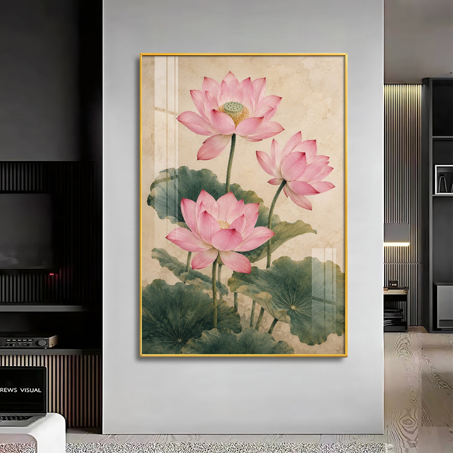 Elegant Vintage Botanical Pink Lotus Premium Acrylic Vertical Wall Art