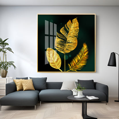 Luxury Golden Leaves Premium Acrylic Square Wall Art