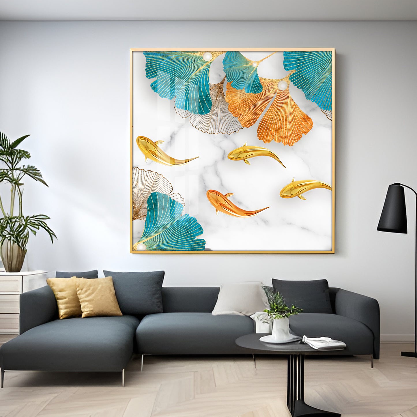 Fishes With Blue & Golden Leaf Premium Acrylic Square Wall Art