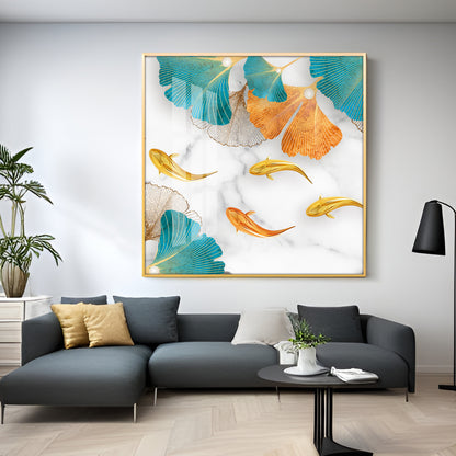Fishes With Blue & Golden Leaf Premium Acrylic Square Wall Art