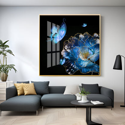 Blue Butterfly With Blue Flower Premium Acrylic Square Wall Art