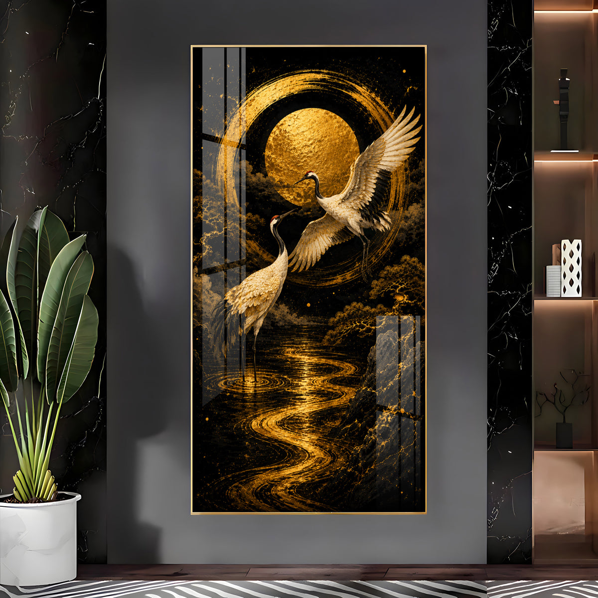Golden Cranes & Moon Minimalist Zen Premium Acrylic Vertical Wall Art