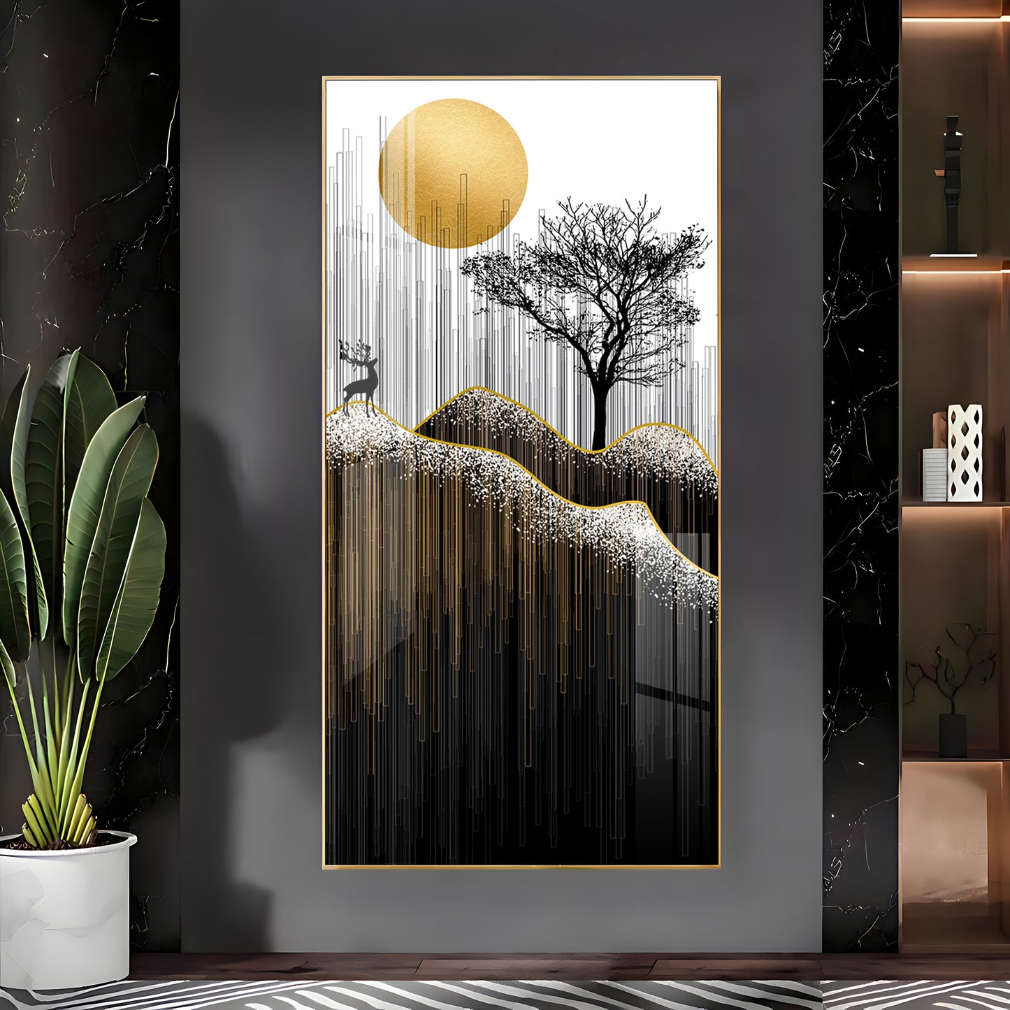 Gold Moon Stylized Black Tree Premium Acrylic Vertical Wall Art