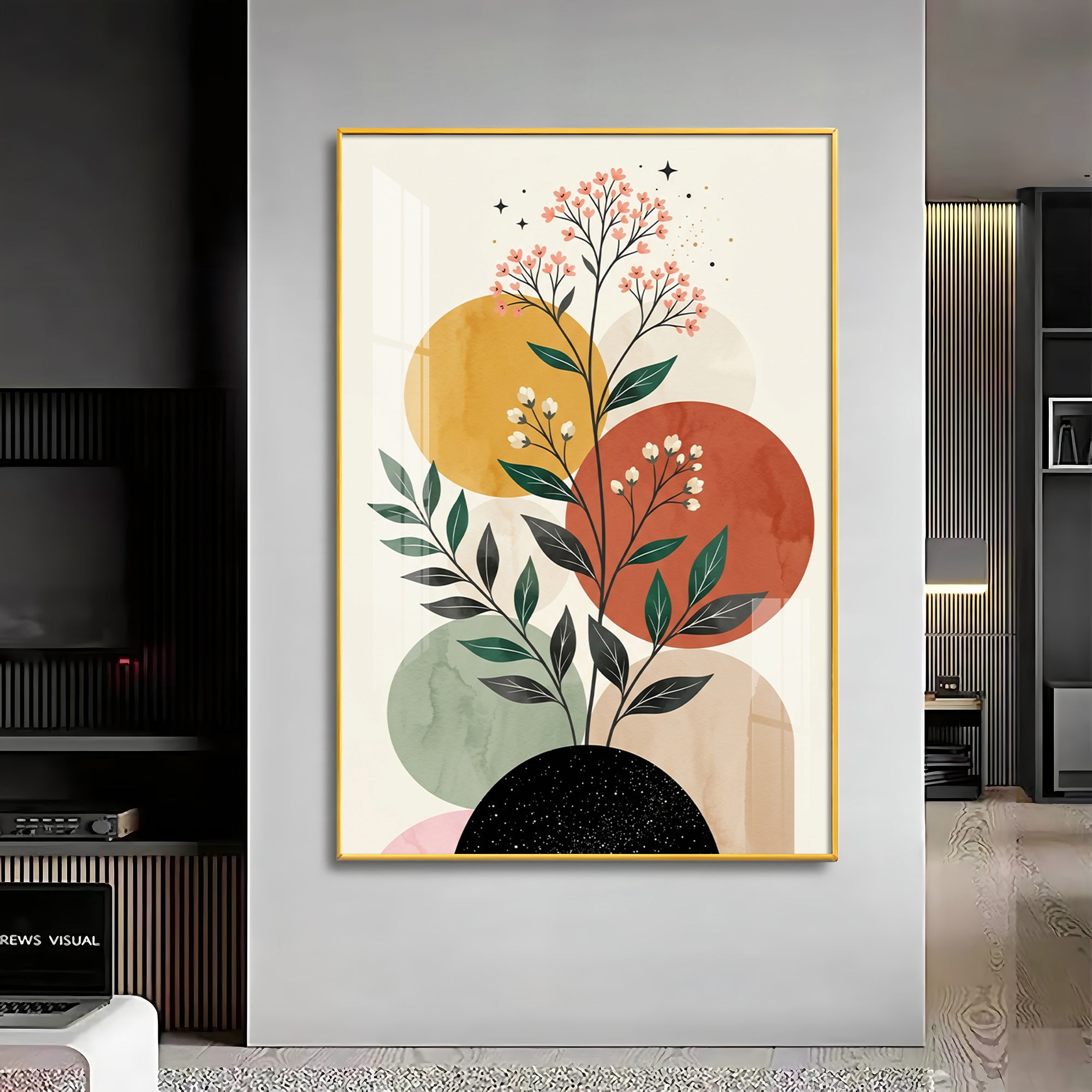 Floral Against Muted Circular Shapes Premium Acrylic Vertical Wall Art