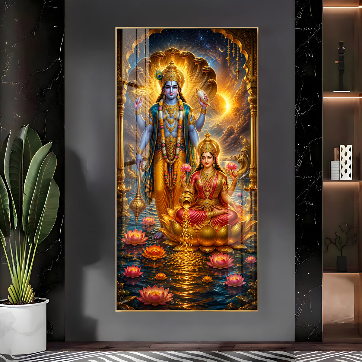 Sacred Lord Vishnu & Goddess Lakshmi Cosmic Premium Acrylic Vertical Wall Art