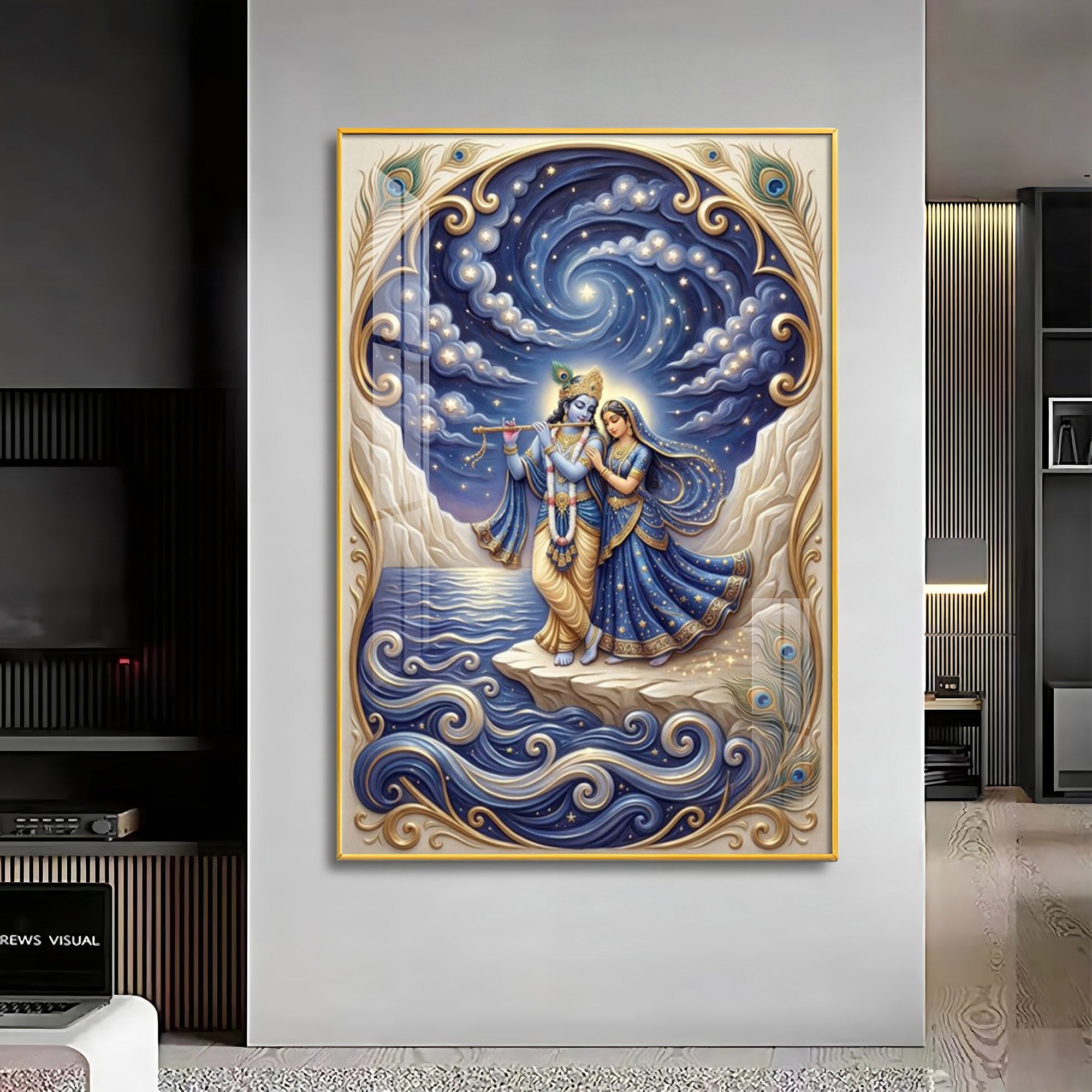 Radha Krishna Moonlit Dance Premium Acrylic Vertical Wall Art