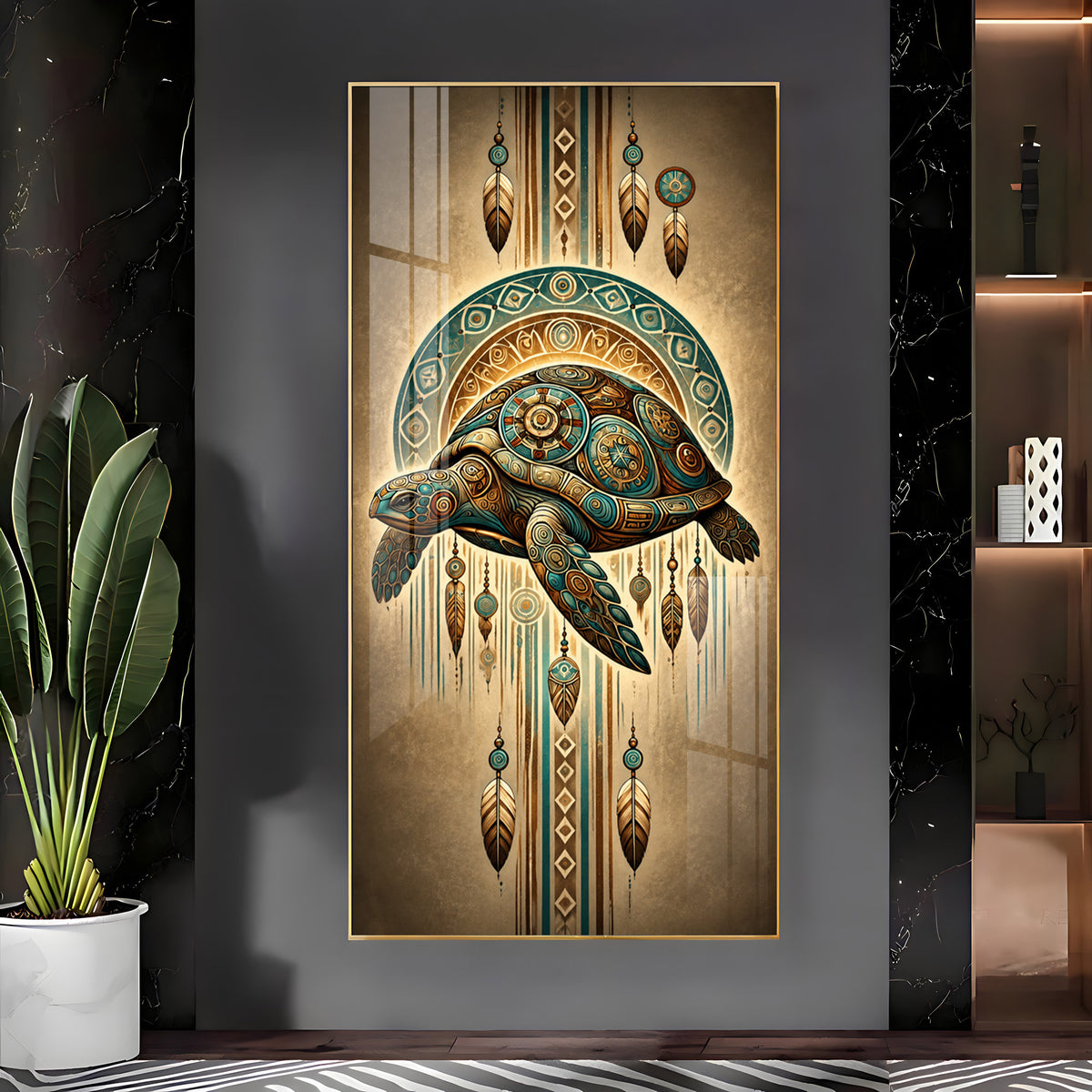Tribal Patterned Sea Turtle & Feathers Premium Acrylic Vertical Wall Art