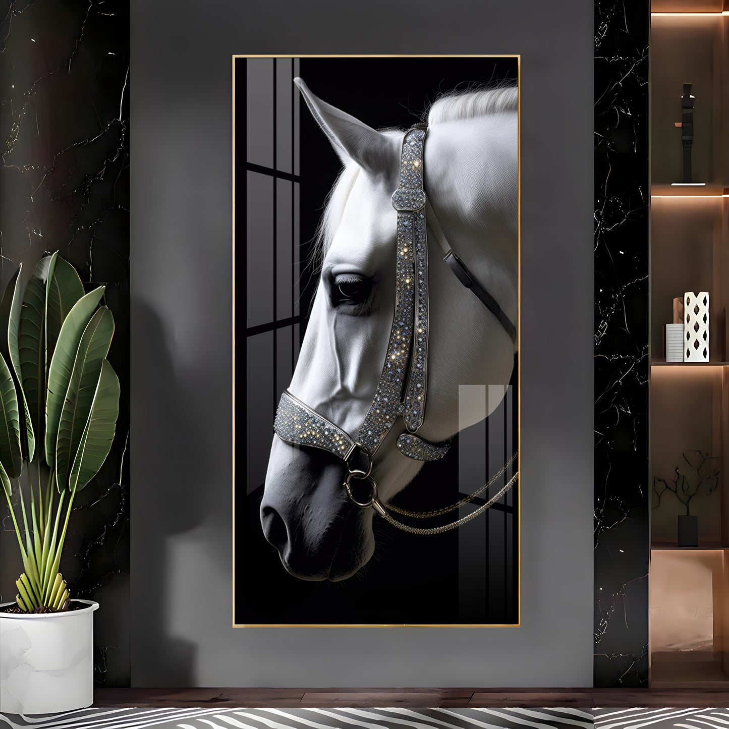 White Horse With Black Background Premium Acrylic Vertical Wall Art
