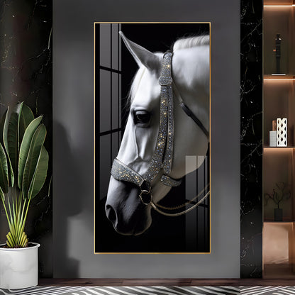 White Horse With Black Background Premium Acrylic Vertical Wall Art