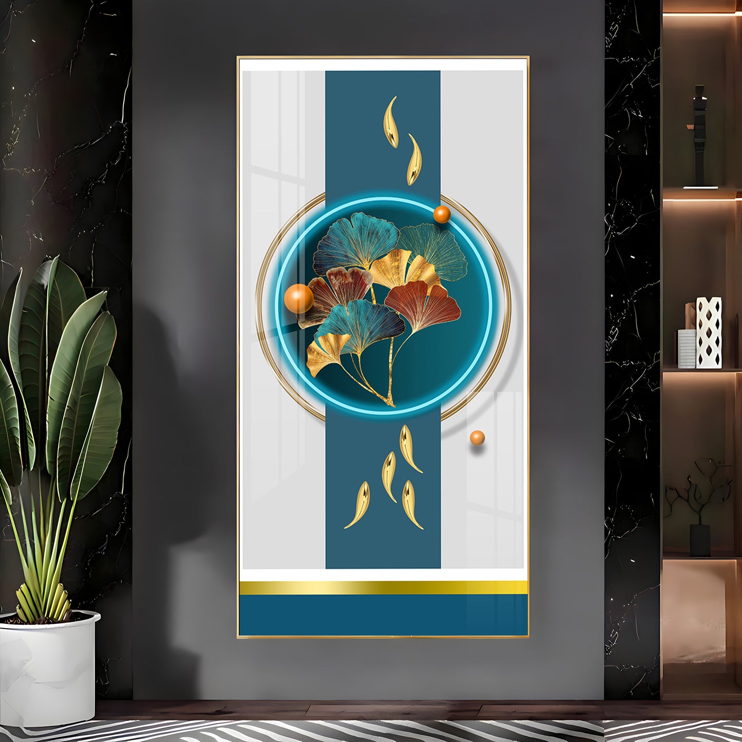 Gold Fish  With Ginkgo Leaf Premium Acrylic Vertical Wall Art