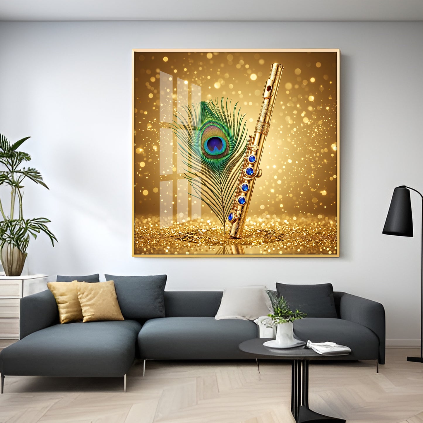 Flute With Peacock Feather Premium Acrylic Square Wall Art