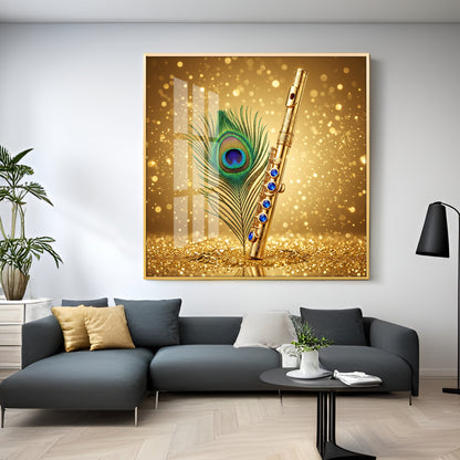 Flute With Peacock Feather Premium Acrylic Square Wall Art