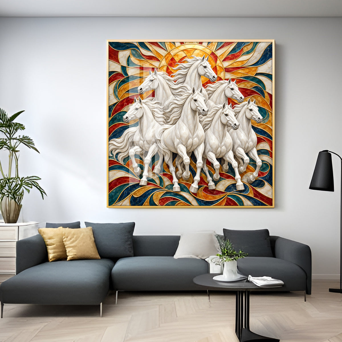 Seven Galloping White Horses Premium Acrylic Square Wall Art