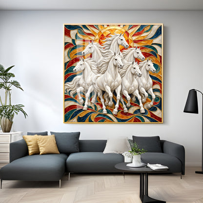 Seven Galloping White Horses Premium Acrylic Square Wall Art