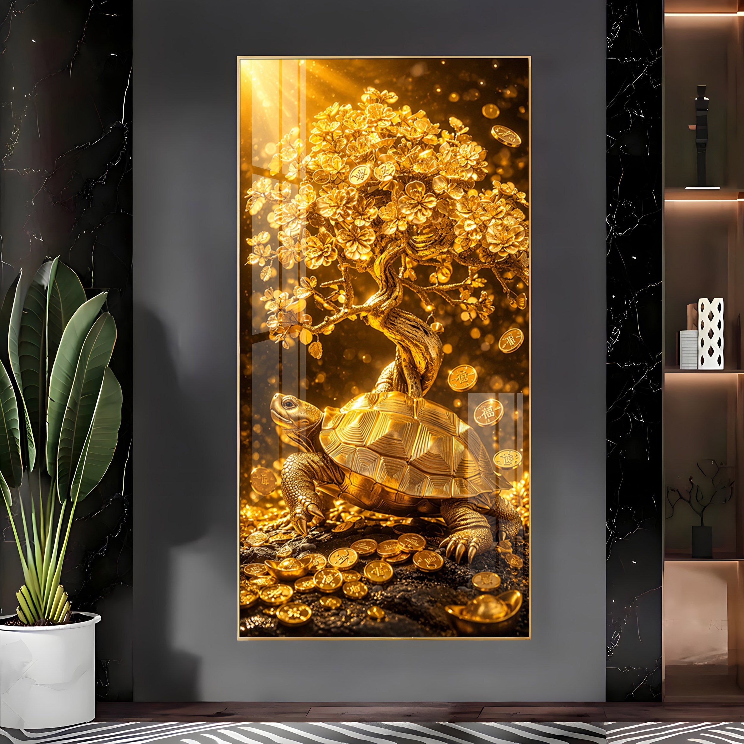 Divine Tortoise With Money Tree Premium Acrylic Vertical Wall Art