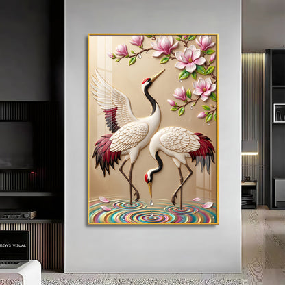 Dancing Cranes & Cherry Blossom Premium Acrylic Vertical Wall Art