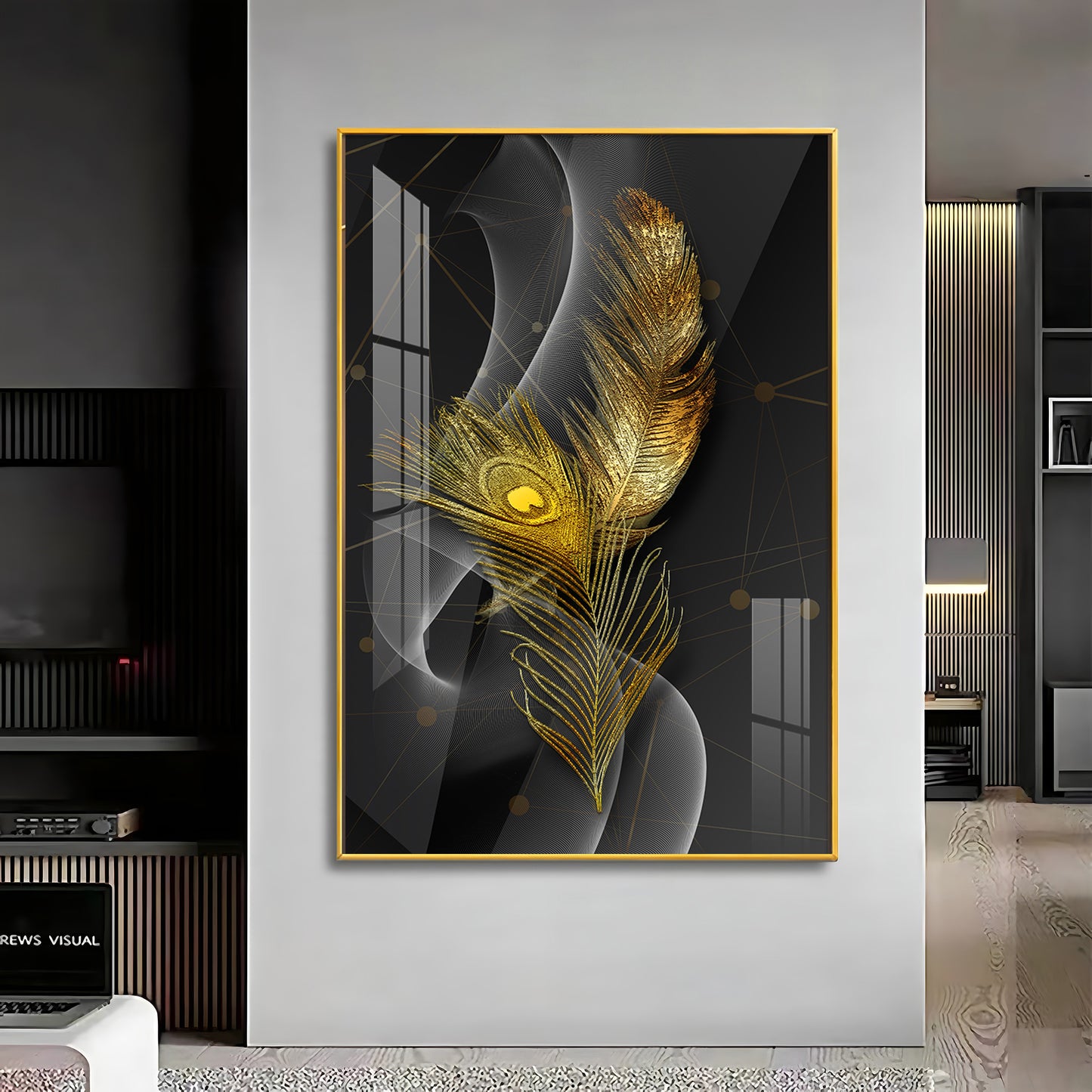 Golden Elegance Feather Premium Acrylic Vertical Wall Art
