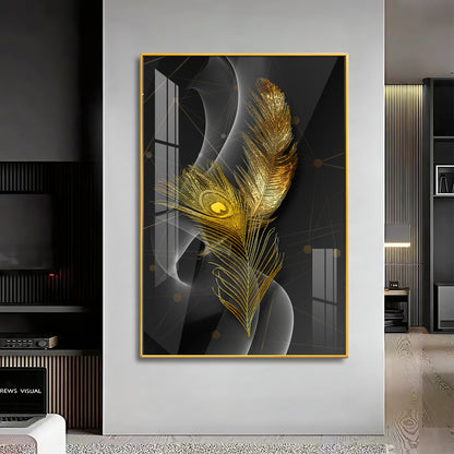 Golden Elegance Feather Premium Acrylic Vertical Wall Art