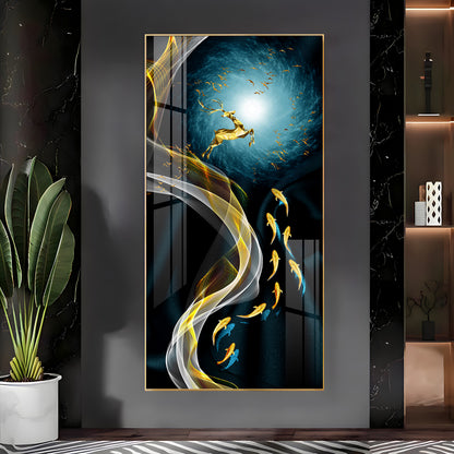 Golden Deer & Fish Premium Acrylic Vertical Wall Art