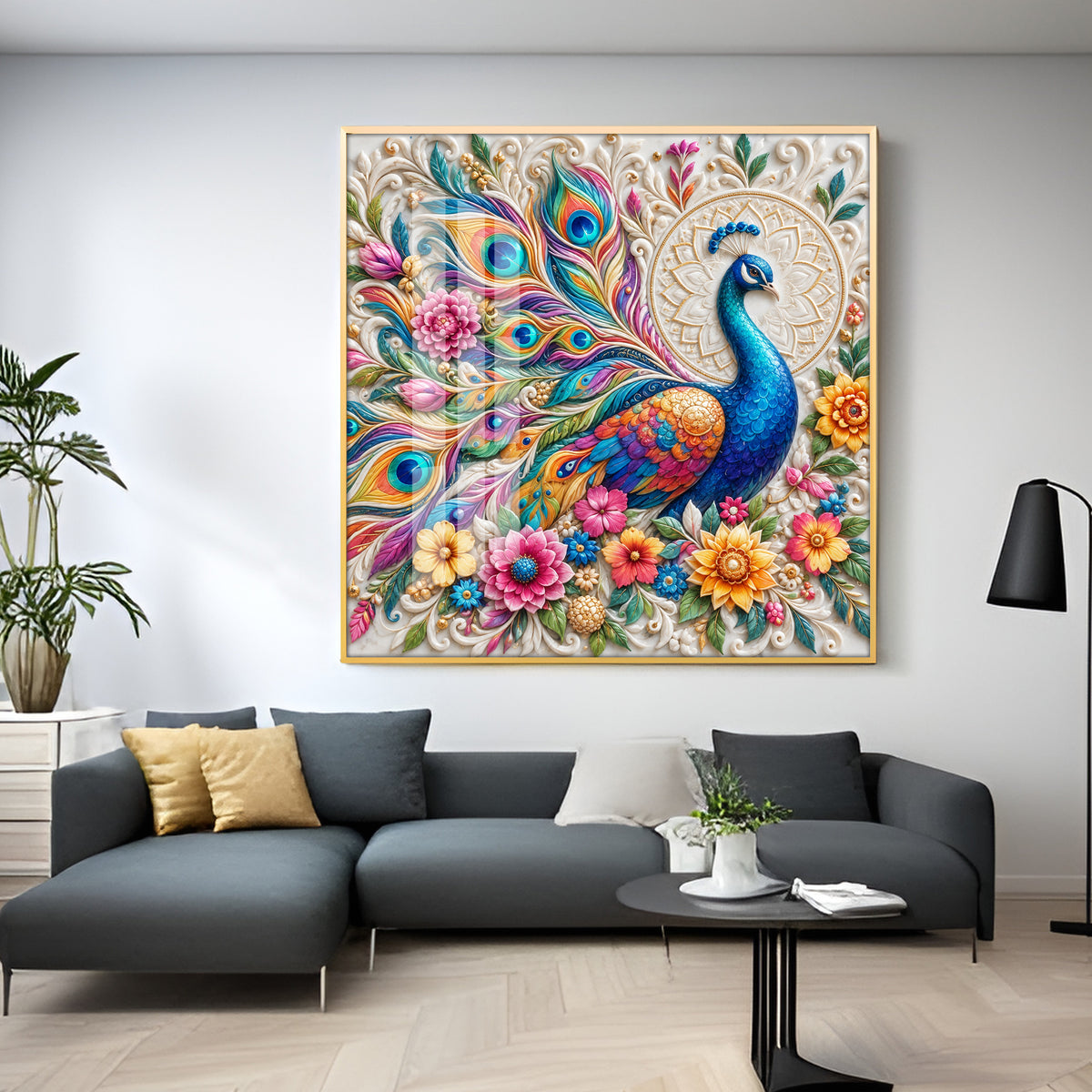 Vibrant Peacock Floral Premium Acrylic Square Wall Art