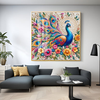 Vibrant Peacock Floral Premium Acrylic Square Wall Art