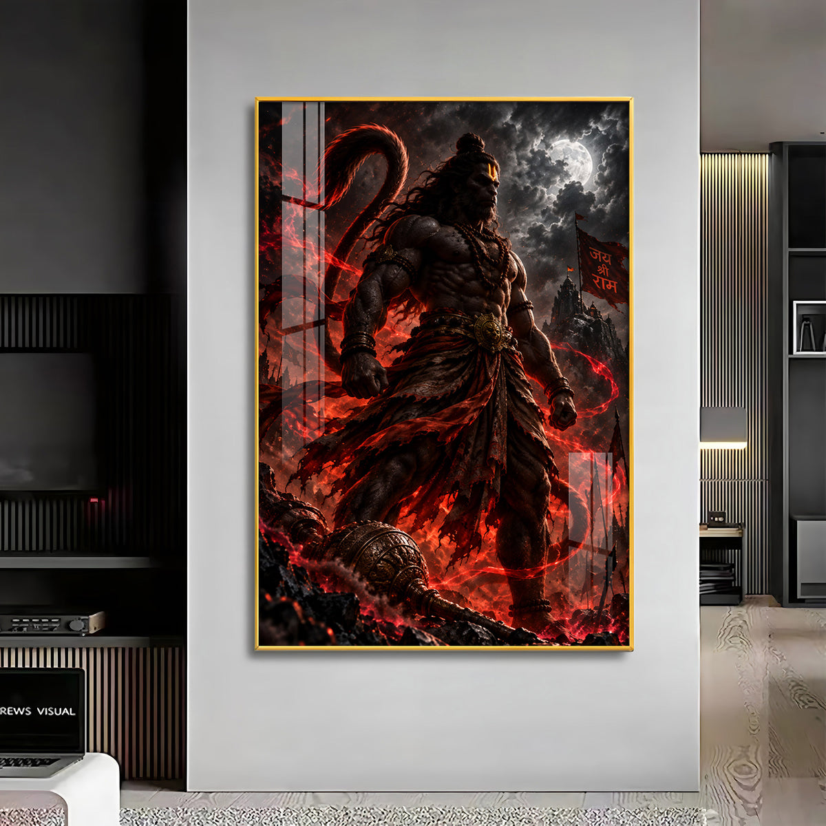 Hanuman in Red Glow Premium Acrylic Vertical Wall Art