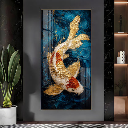 Majestic Golden & Red Koi Fish Deep Blue Background Premium Acrylic Vertical Wall Art