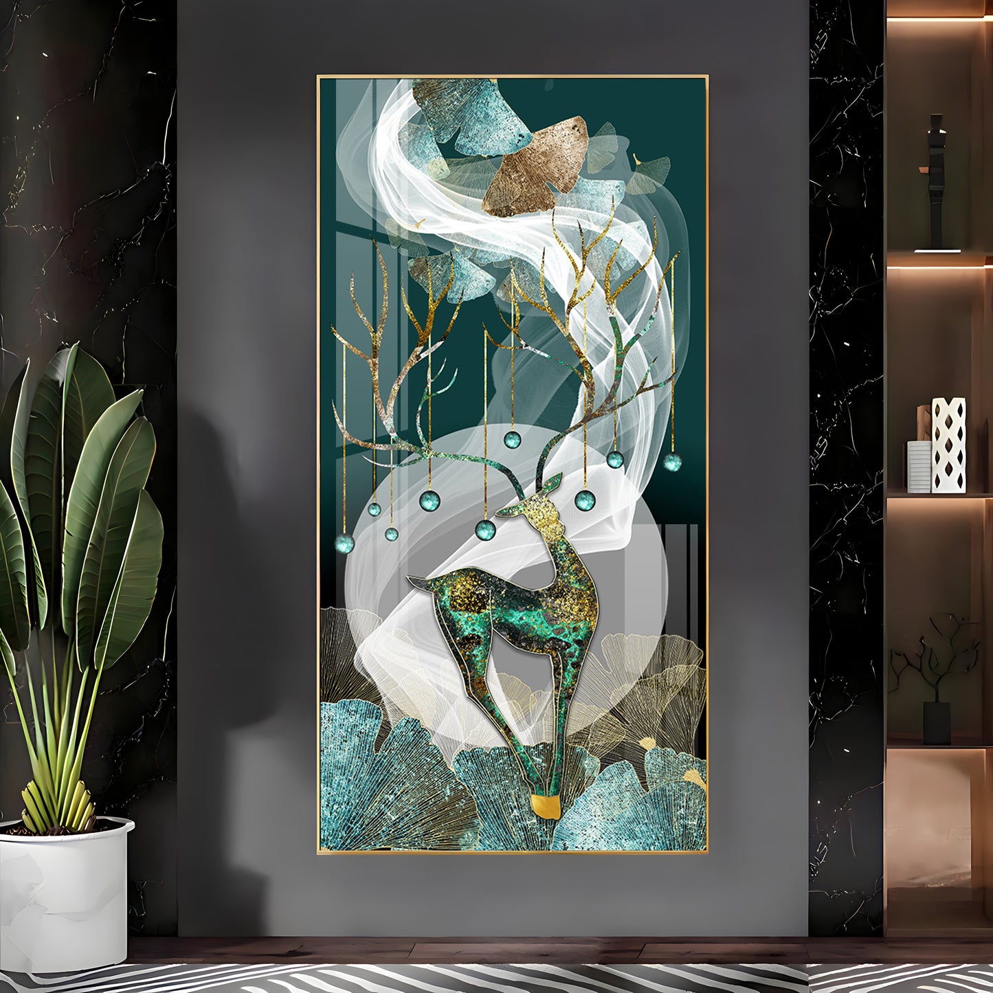 Deer With Dark Green Background Premium Acrylic Vertical Wall Art