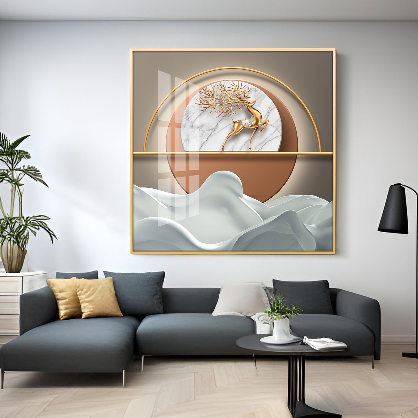 Modern Golden Deer Premium Acrylic Square Wall Art