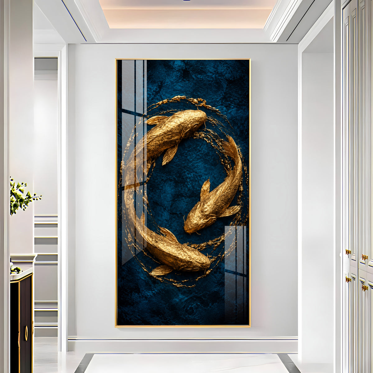 Majestic Golden Koi Circle Background Premium Acrylic Vertical Wall Art