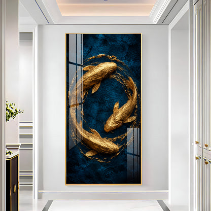 Majestic Golden Koi Circle Background Premium Acrylic Vertical Wall Art