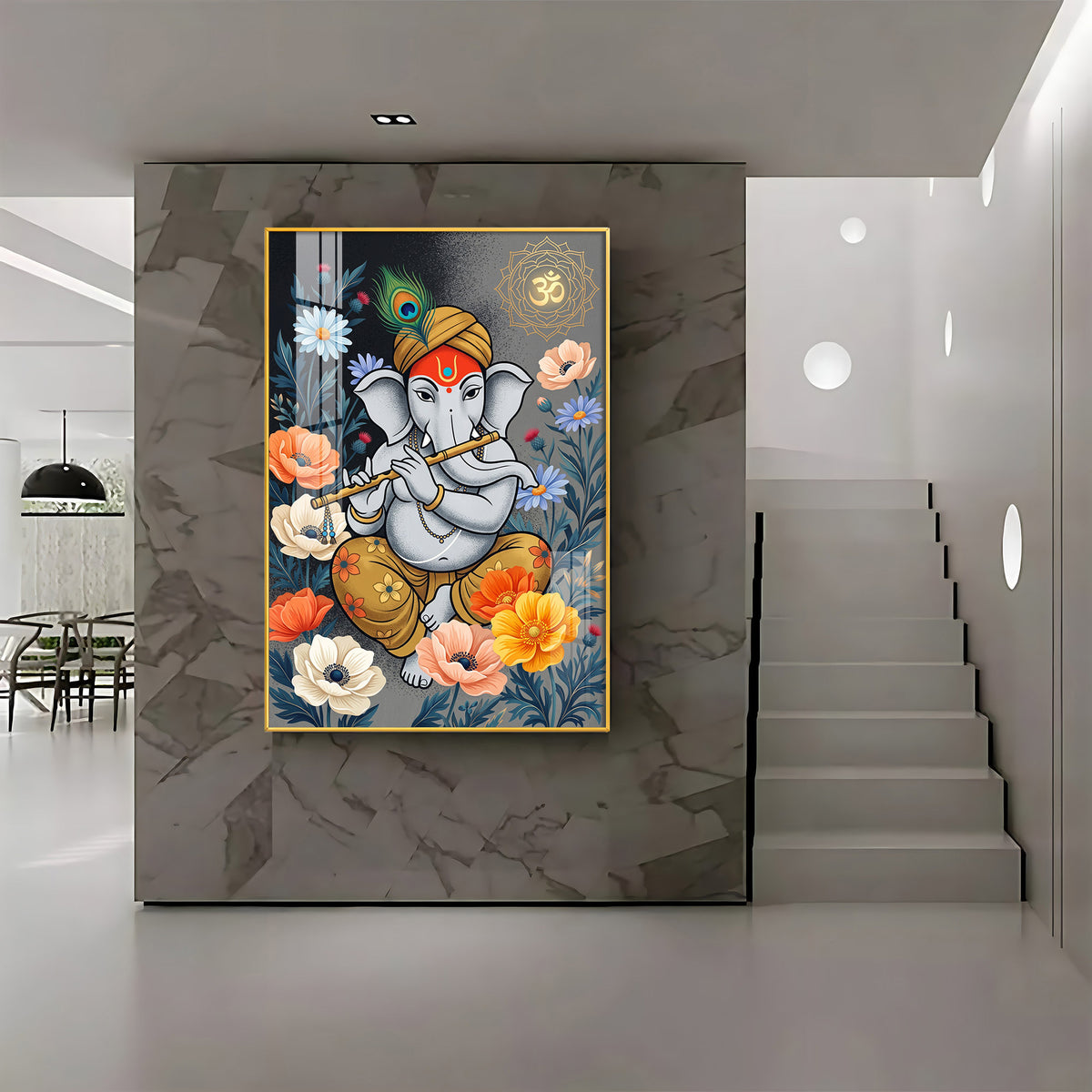 Lord Ganesha Playing Flute Premium Acrylic Vertical Wall Art