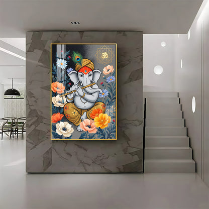 Lord Ganesha Playing Flute Premium Acrylic Vertical Wall Art