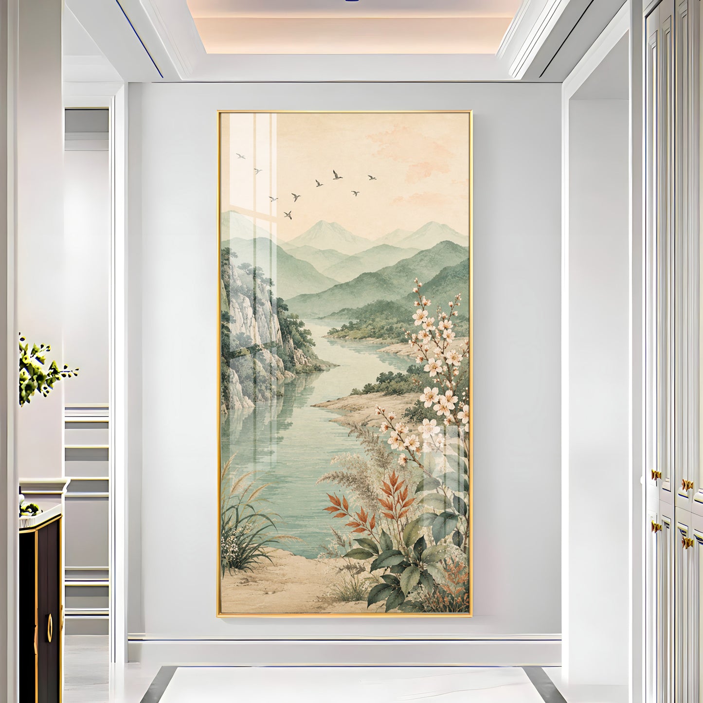 Serene Mountain Lake & Blossom Premium Acrylic Vertical Wall Art