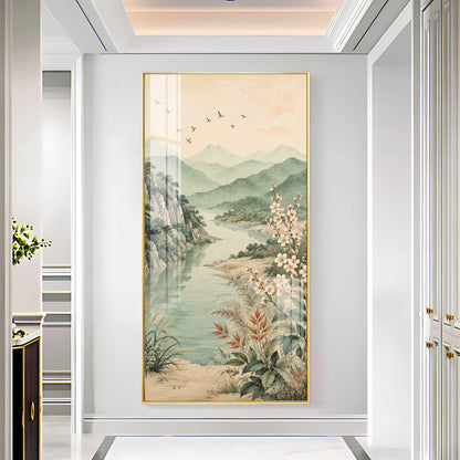 Serene Mountain Lake & Blossom Premium Acrylic Vertical Wall Art