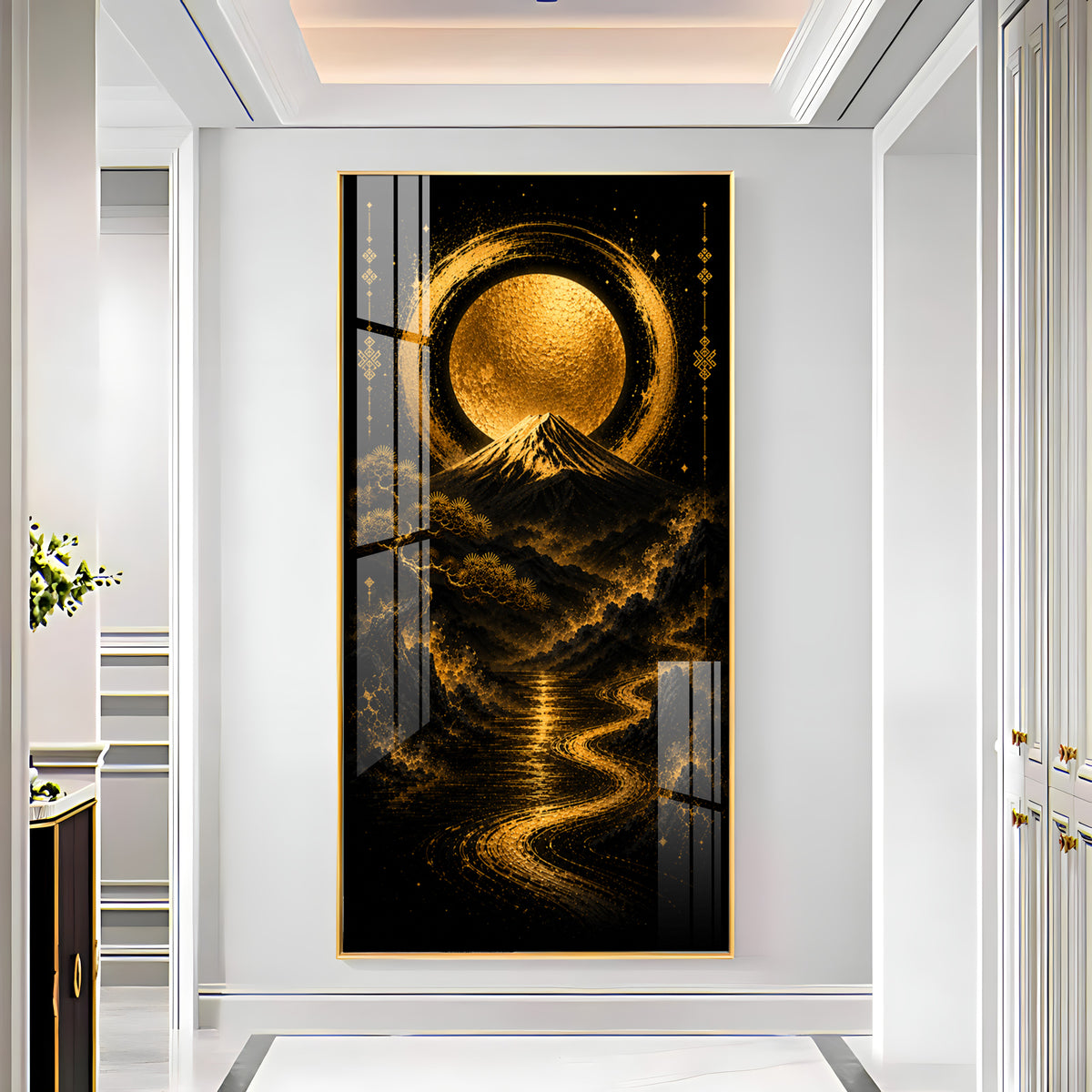 Golden Moon & Sacred Mountain Landscape Premium Acrylic Vertical Wall Art