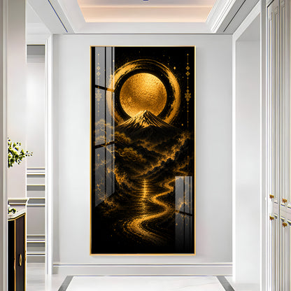 Golden Moon & Sacred Mountain Landscape Premium Acrylic Vertical Wall Art
