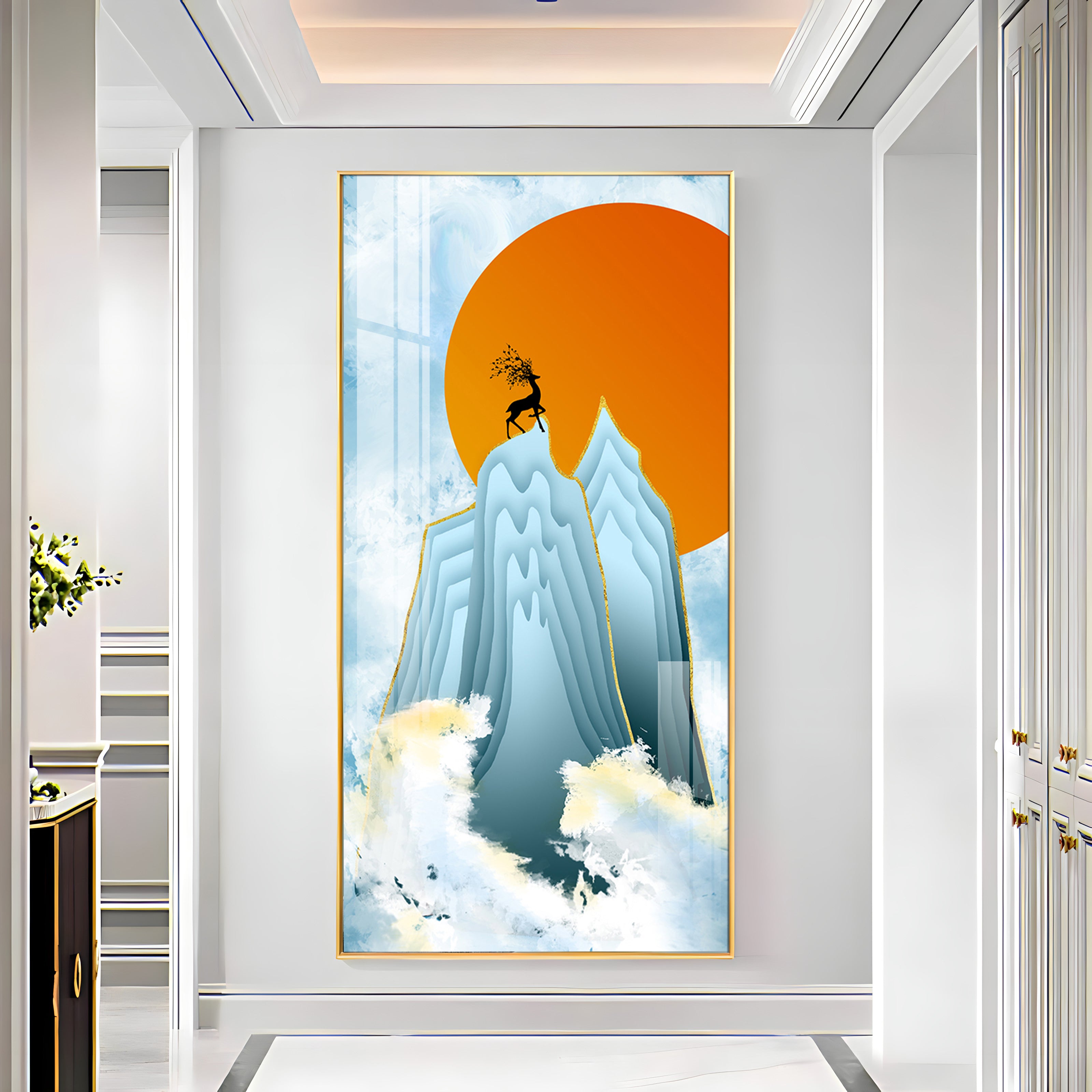 Black Deer On Mountains Premium Acrylic Vertical Wall Art