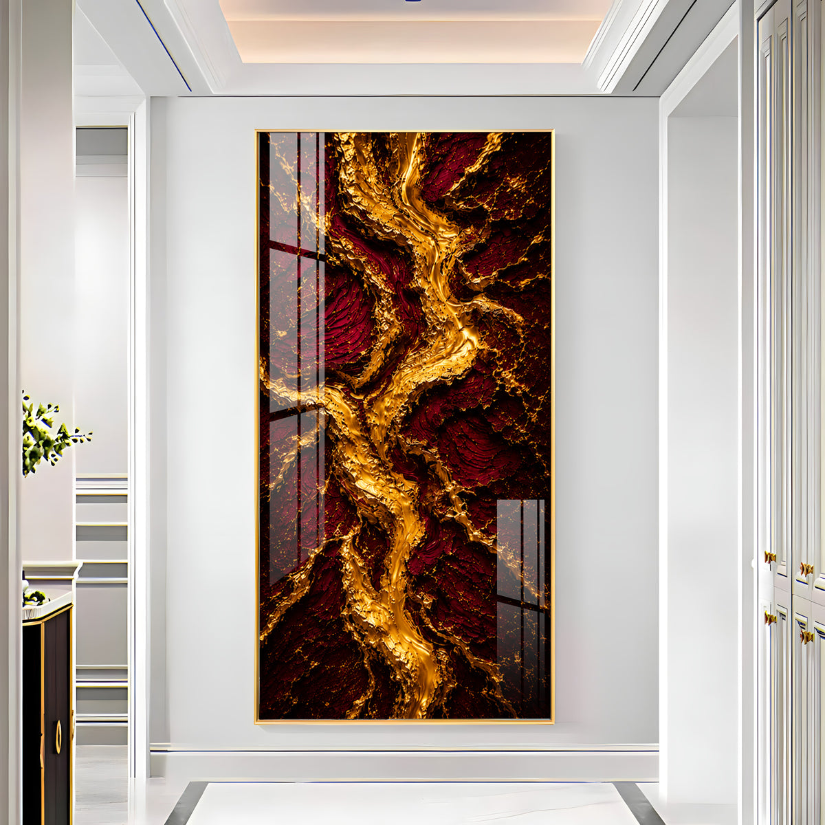 Striking Crimson & Gold Flowing River Premium Acrylic Vertical Wall Art