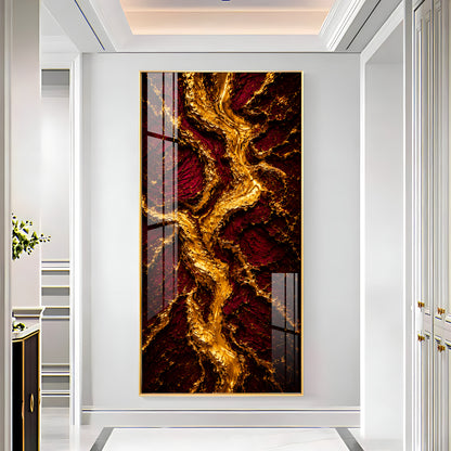 Striking Crimson & Gold Flowing River Premium Acrylic Vertical Wall Art