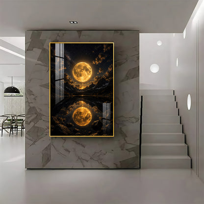 Luminous Supermoon & Mountain Lake Reflection Premium Acrylic Vertical Wall Art