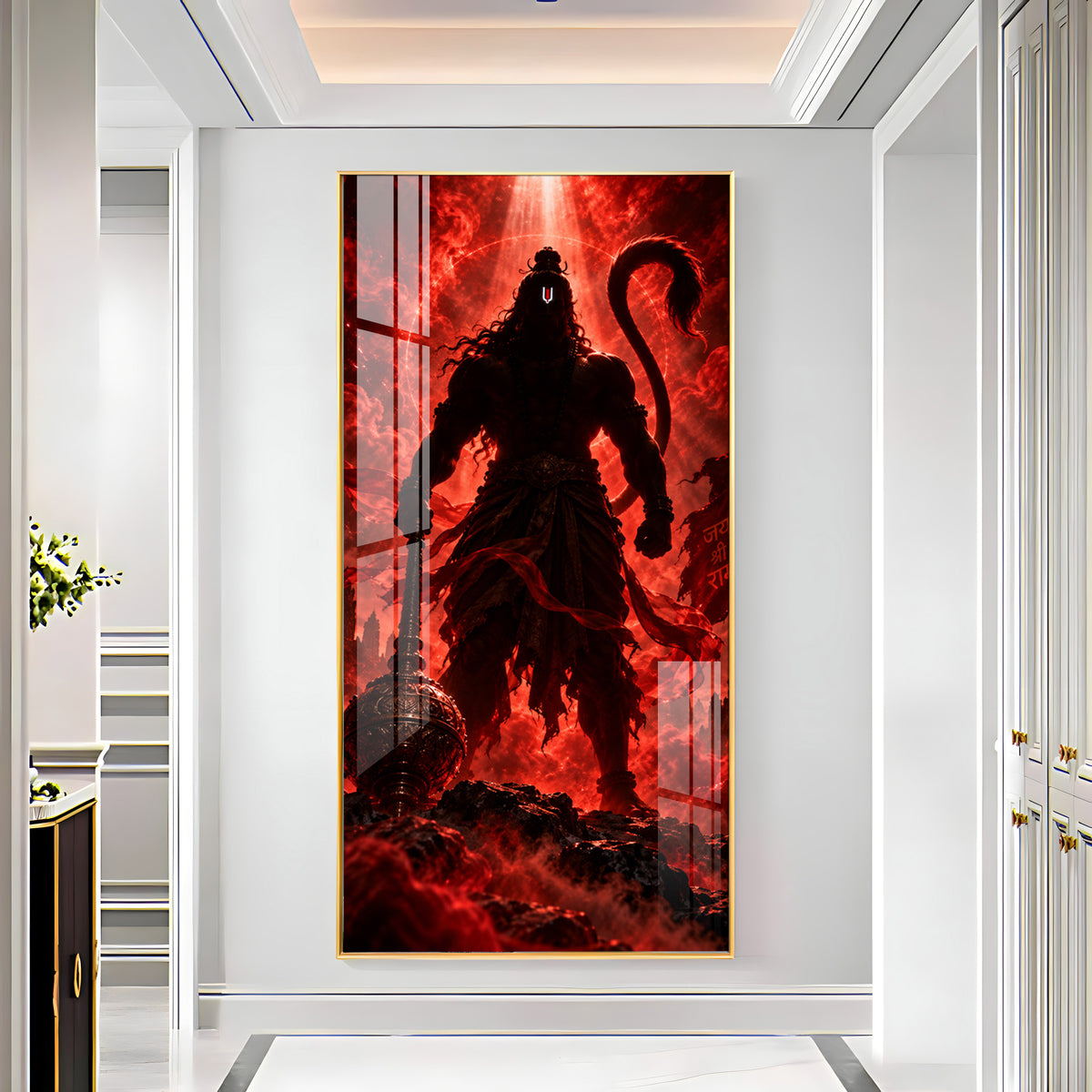 Hanuman Silhouette in Red Glow Premium Acrylic Vertical Wall Art