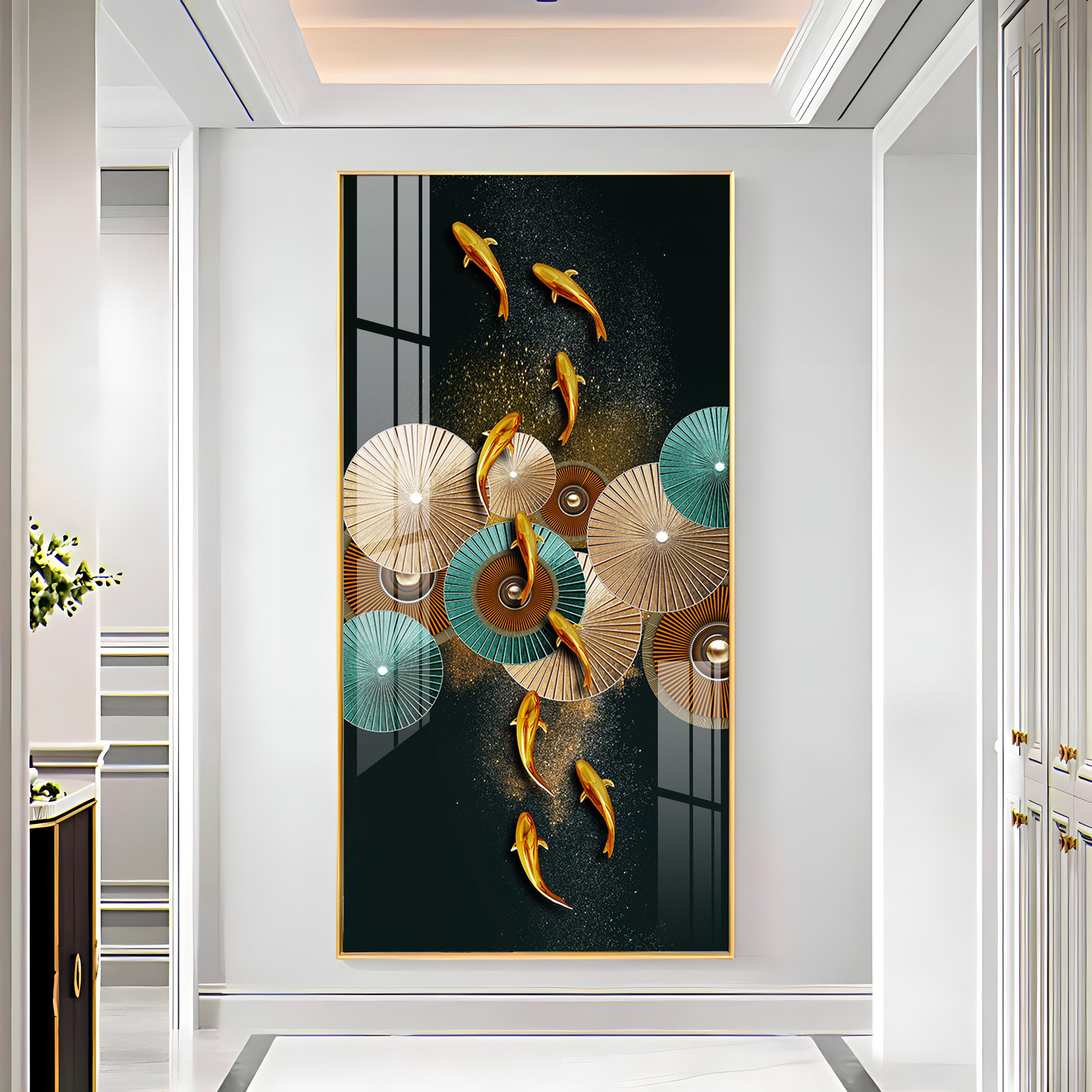 Koi Fish & Fan Designs Premium Acrylic Vertical Wall Art