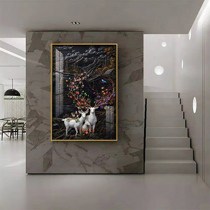 White Deer With Colorful Floral Premium Acrylic Vertical Wall Art