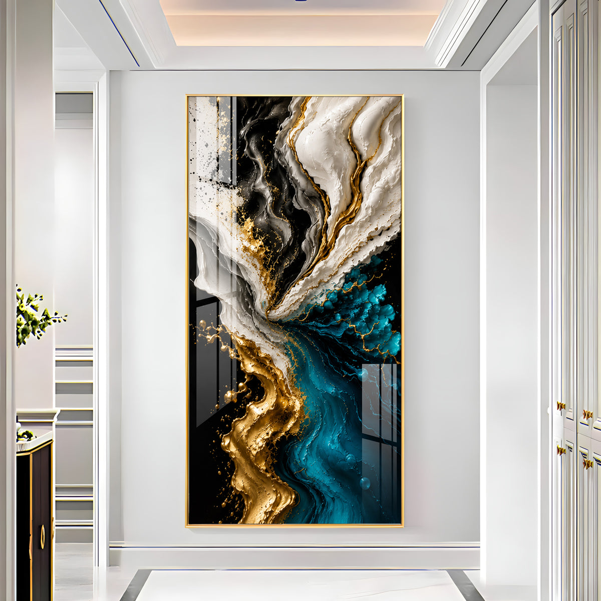 Abstract Fluid Liquid Marble & Gold Splash Premium Acrylic Vertical Wall Art