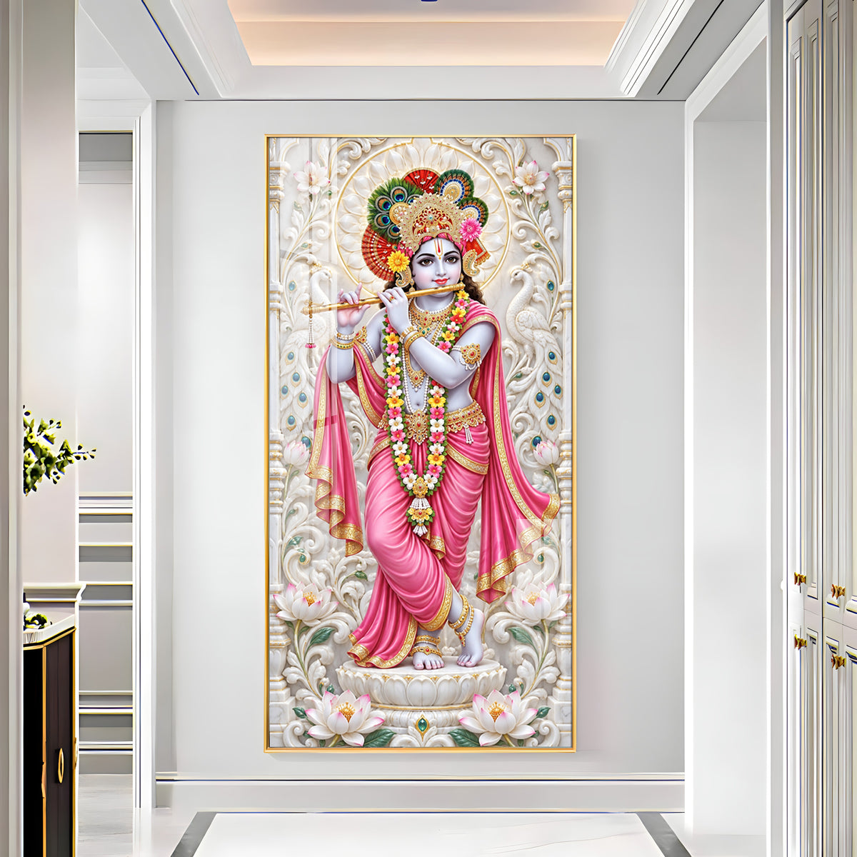 Krishna In Pink Dress Premium Acrylic Vertical Wall Art