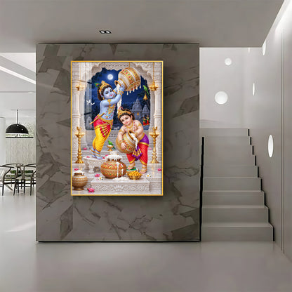 Little Krishna Balaram Makhan Chori Premium Acrylic Vertical Wall Art