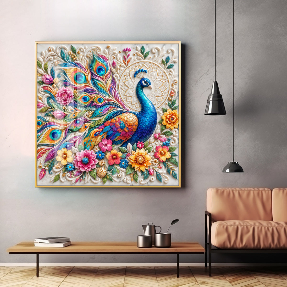 Vibrant Peacock Floral Premium Acrylic Square Wall Art